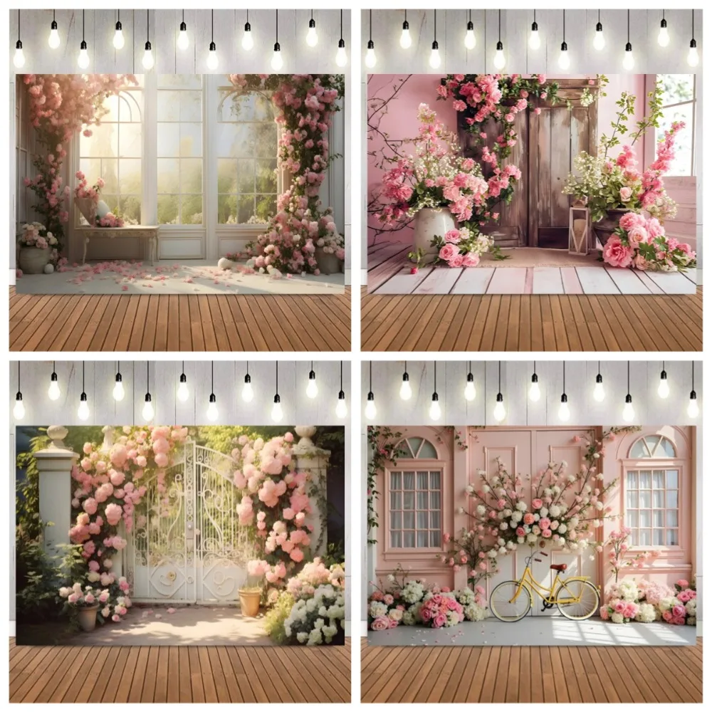 

Romantic spring pink arched flower window banner background image, indoor scenery, home decoration photography studio background