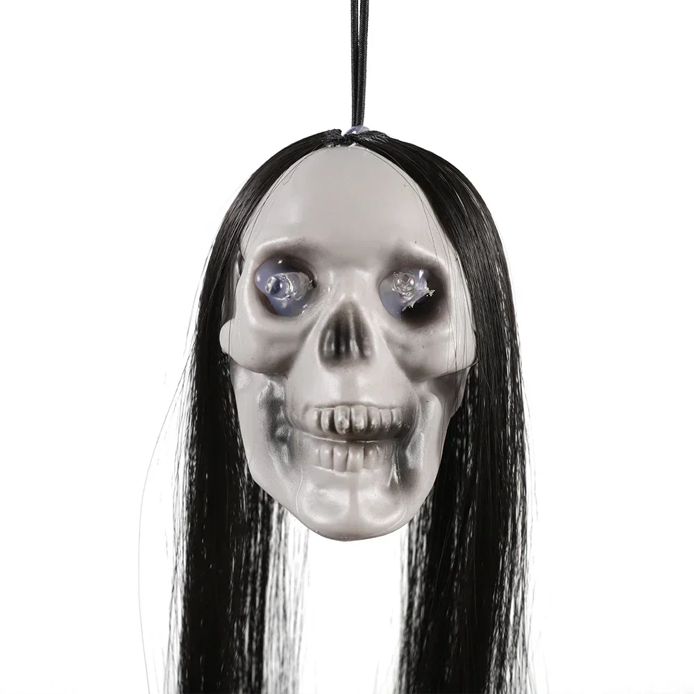 Halloween Hanging Ghost Skull Decoration with Long Hair and Glowing Eyes Terror Skeleton Head Props for Home Table Decoration