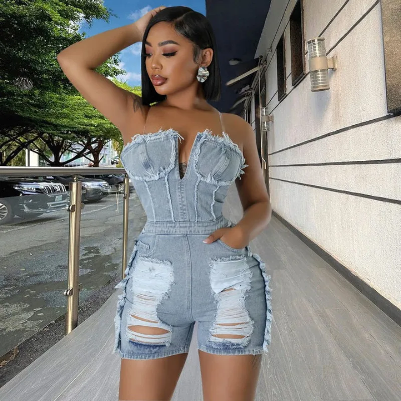 Women Fashion Hole Tassel Denim Playsuits Rompers V-neck Strapless Zipper Backless Pockets Casual Streetwear Jeans Overalls