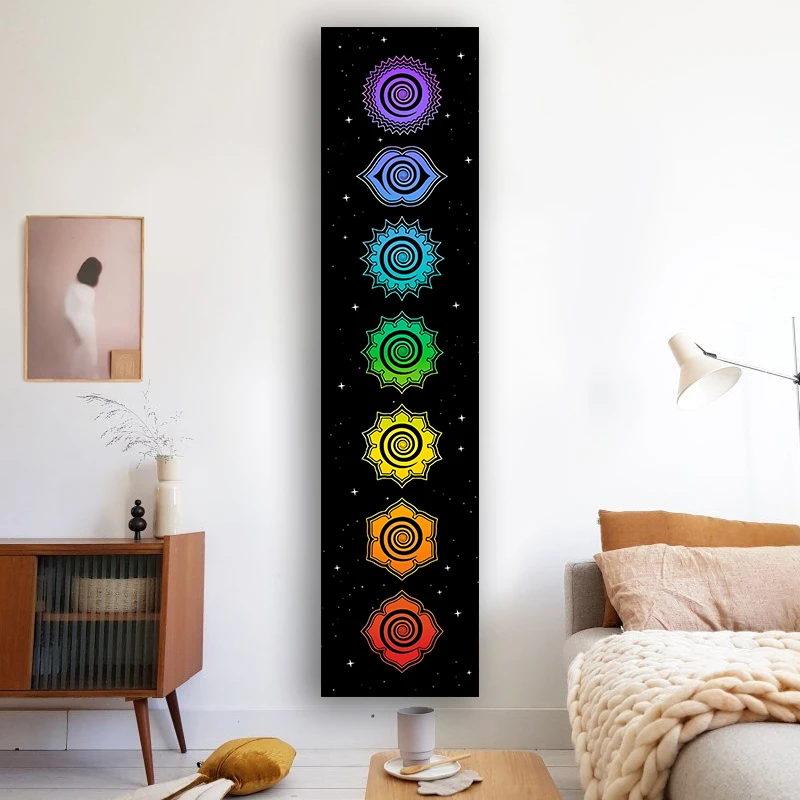 Regenboogchakra's Tapijt Boeddhisme Yoga Kosmische Energiecentra Meditatie Wandtapijten Zwarte Muur Opknoping Slaapkamer Drom Home Decor