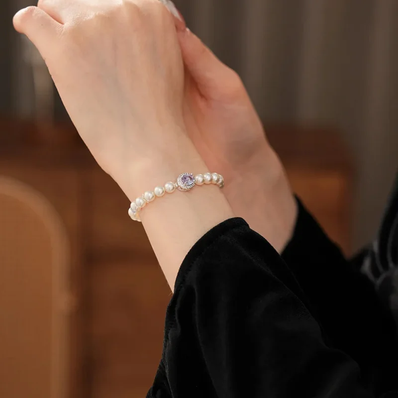 

Oval Zircon Amethyst Pearl Bracelet French Retro Luxury Beaded Bracelets for Women Fashion Gift Accessories