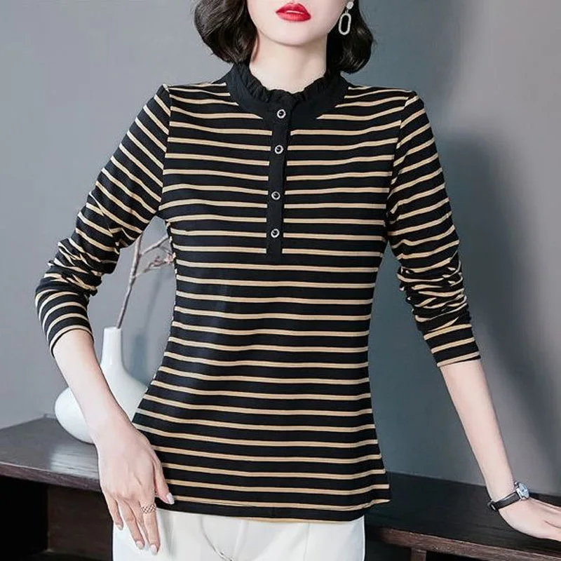 

2023 Women New Spring and Autumn Fashion Standing Neck Stripes Simple and Versatile Commuter Loose Sleeve Age Reducing Top