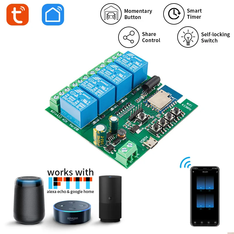 TuYa WIFI RF four channel 5V12V on-off module, inching self-locking remote voice control Alexa