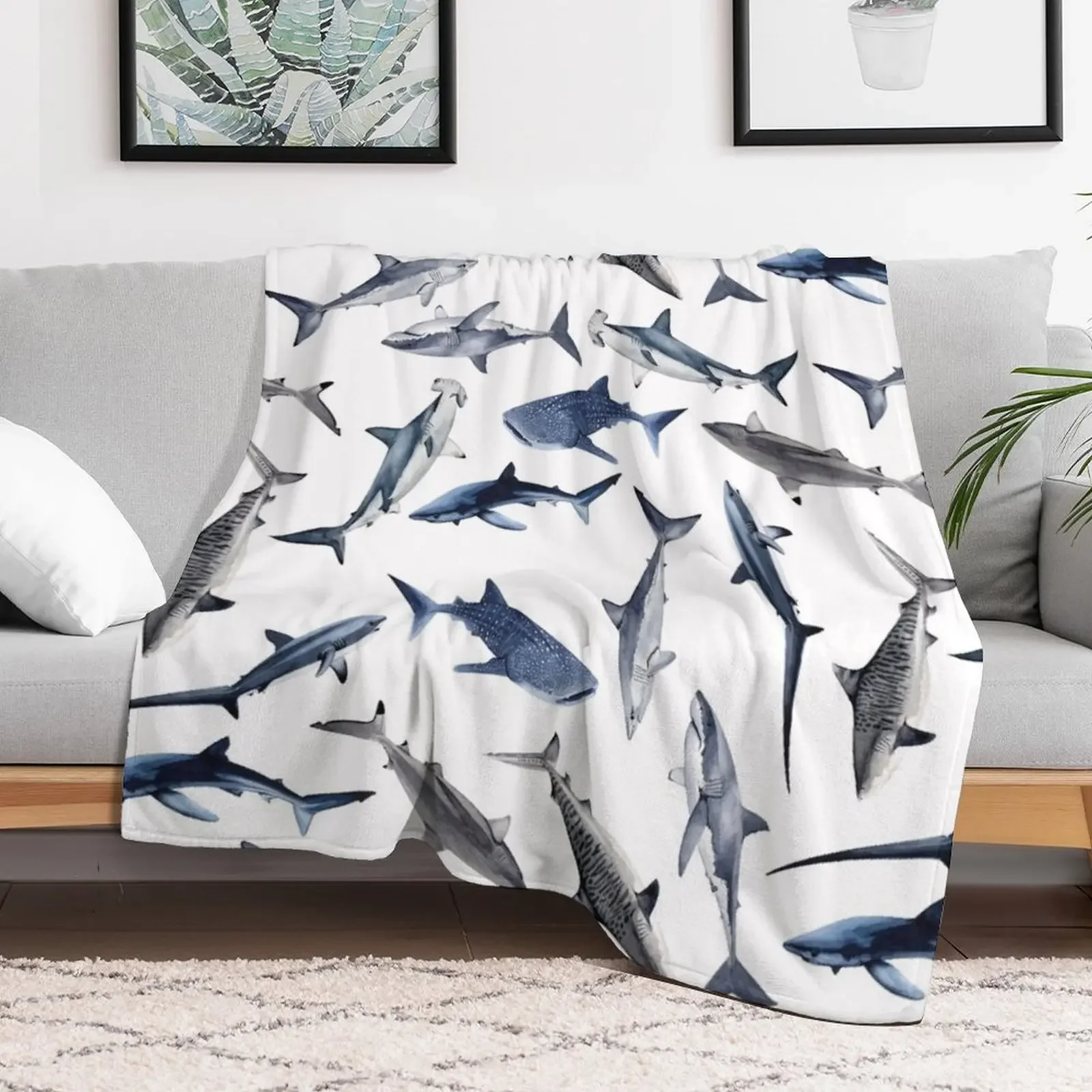 SHARKS PATTERN (WHITE) Throw Blanket Warm Throw Blanket Gift for Anniversary