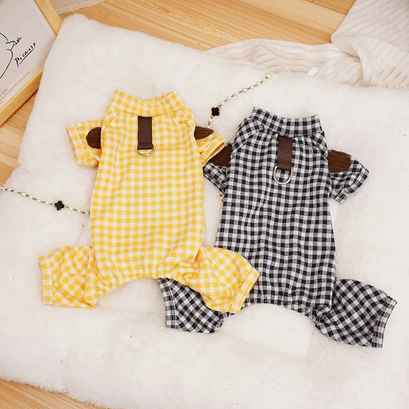 Plaid Pet Four Legs Clothing Korean Dog Clothes Spring and Summer Puppy Bodysuit Leashable Teddy Clothing Pet Supplies