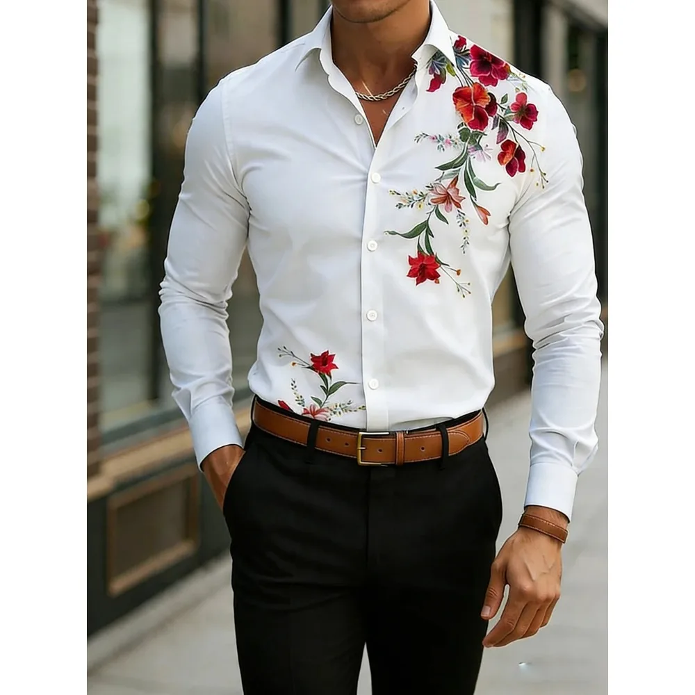 

Men's Business Casual Long Sleeve Shirt High Definition Natural Flower 3D Printed Shirt Hawaiian Vacation Outdoor Men's Clothing