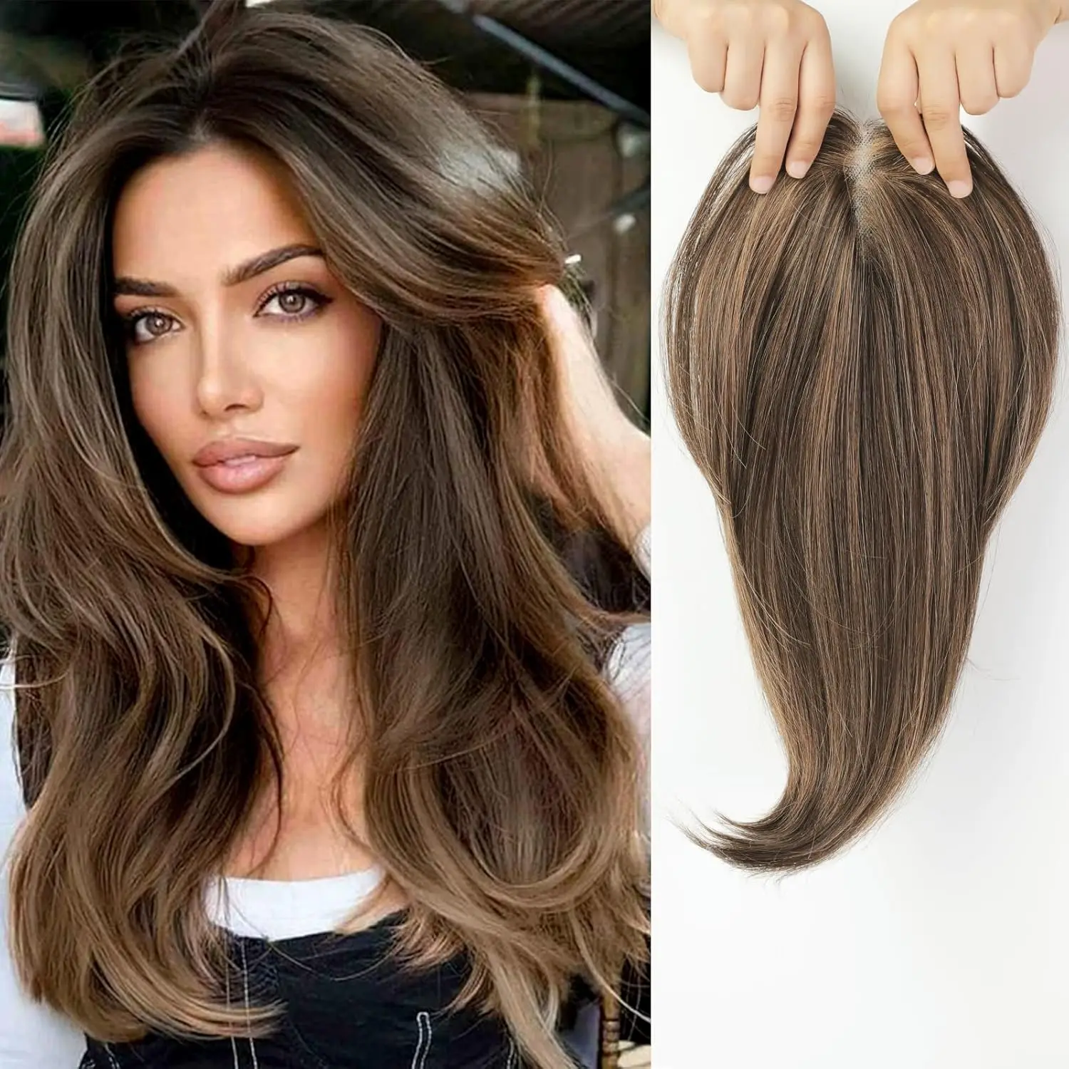 14 Inches Chestnut Brown With Blonde Layered Hair Topper with Bangs for Women Synthetic Swiss Base Hair Pieces Topper with Clips