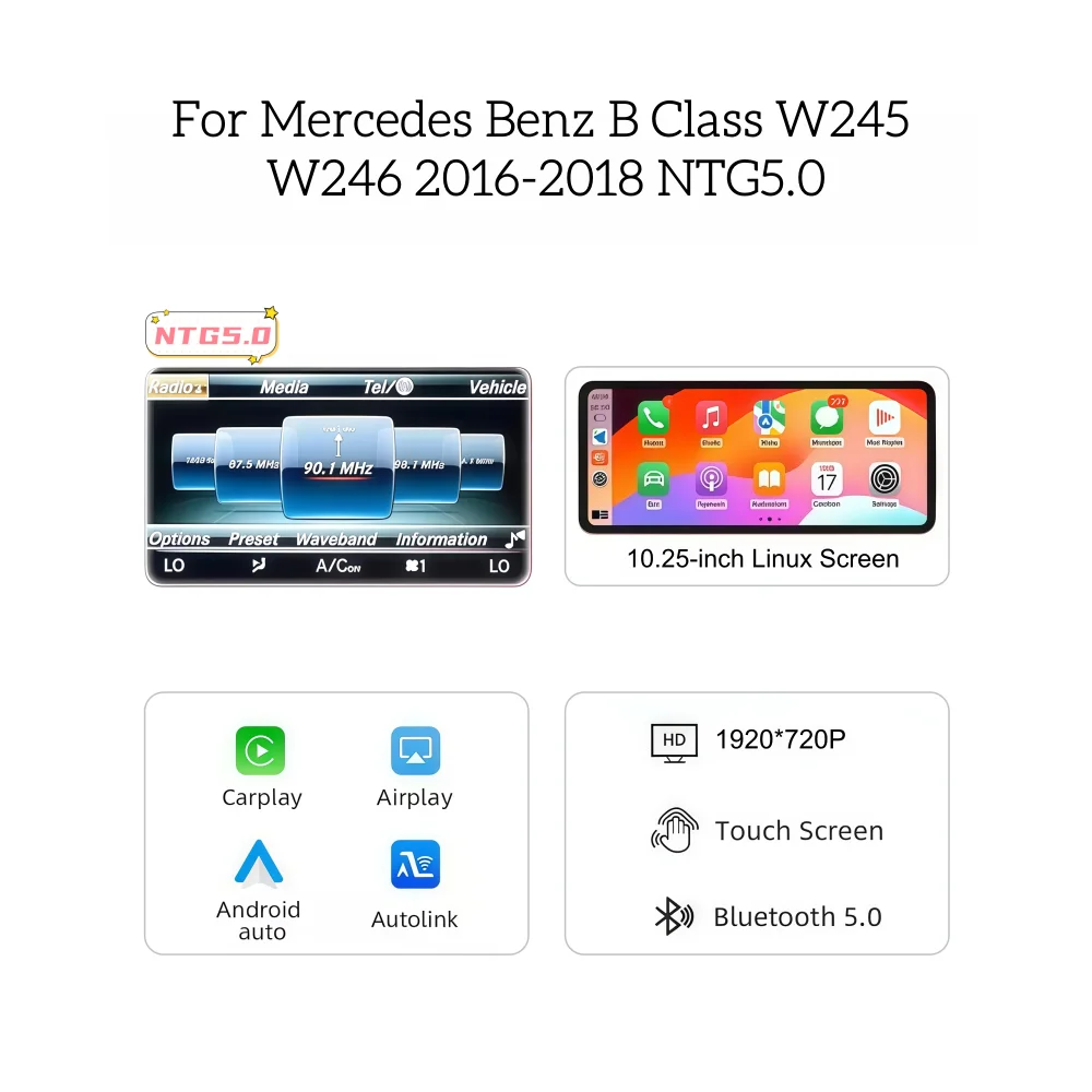 Bonroad 10.25' autoradio voor Mercedes Benz A-Klasse CLA GLA W176 C117 X156 B-Klasse W245 W246 met draadloze CarPlay en Android Auto