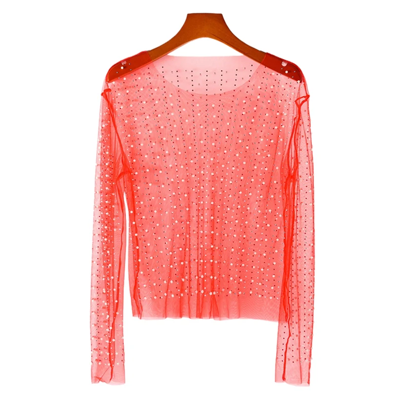 Damen Strass-Transparent-Netz-Top Funkelndes Perlen-Transparent-T-Shirt Bluse Sexy Clubwear Party Festival Rave Konzert Y2K Outfits – Detail 12