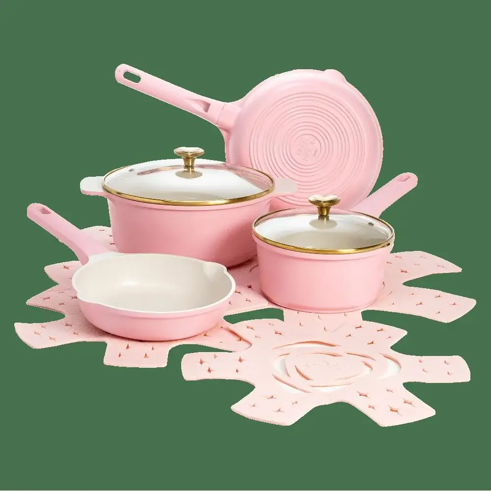 10-Piece Cast Aluminum Nonstick Cookware Set with Heart Shaped Lid Knobs Pink Healthy Cooking Even Heat Distribution Dishwasher