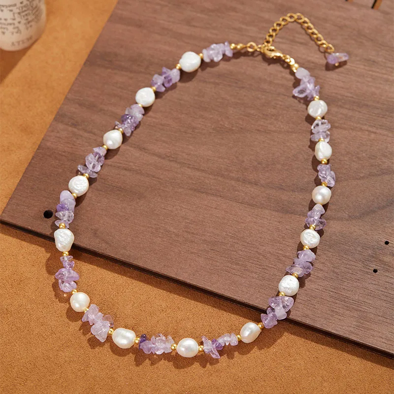 New Chinese Style Retro Amethyst Gravel Small Raw Stone Freshwater Pearl Strand Necklace Light Luxury High-end Clavicle Chain