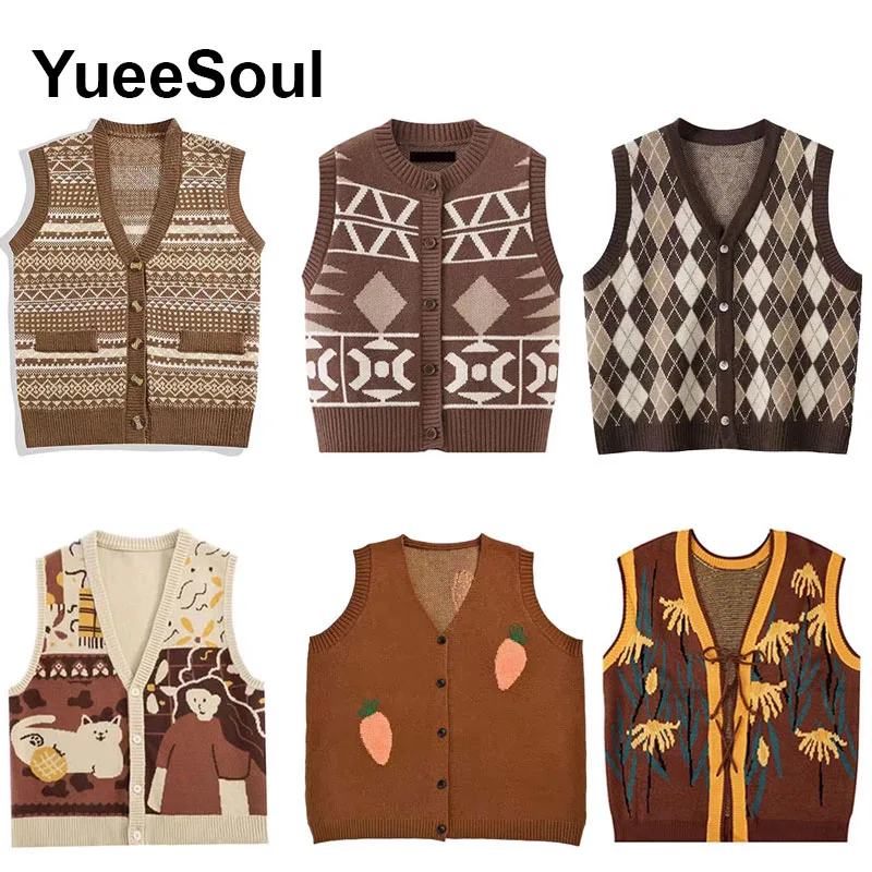 Japan Style Vintage Brown Women Knit Vest V Neck Sleeveless Loose Oversized Sweater Vest 2023 New Autumn Y2K Waistcoat Outerwear