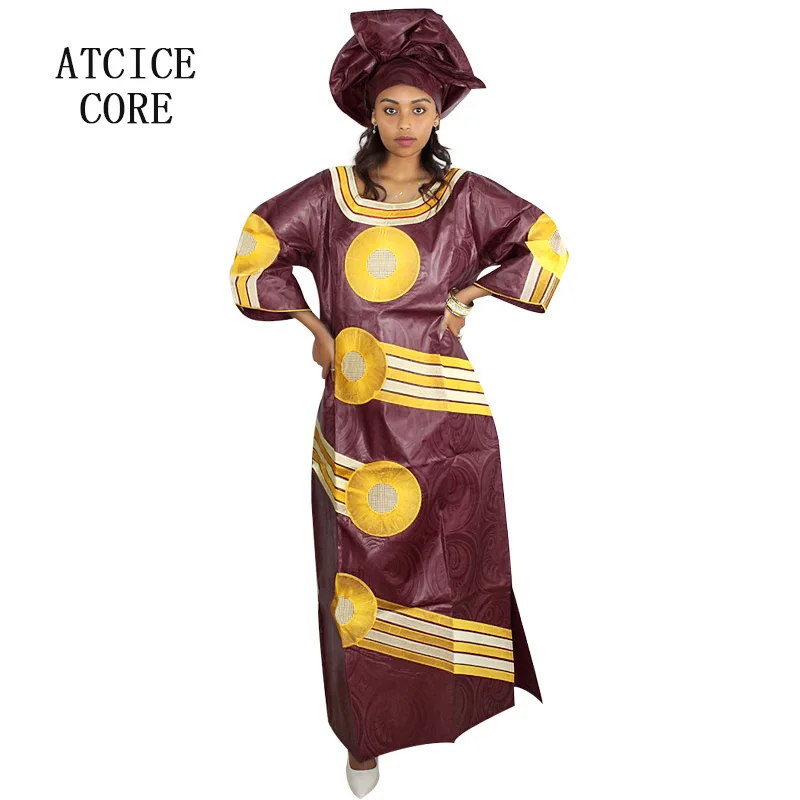 African Dresses For Woman Bazin Riche Computer Emboridery Long Dress With Scarf