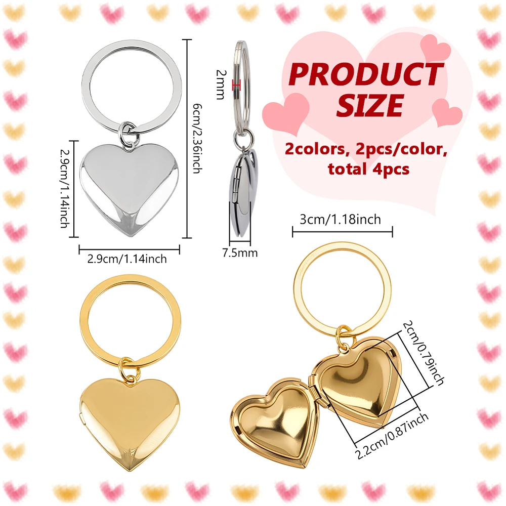 4PCS Photo Locket Keychains Stainless Steel Photo Locket Keychain Golden Stainless Steel Color