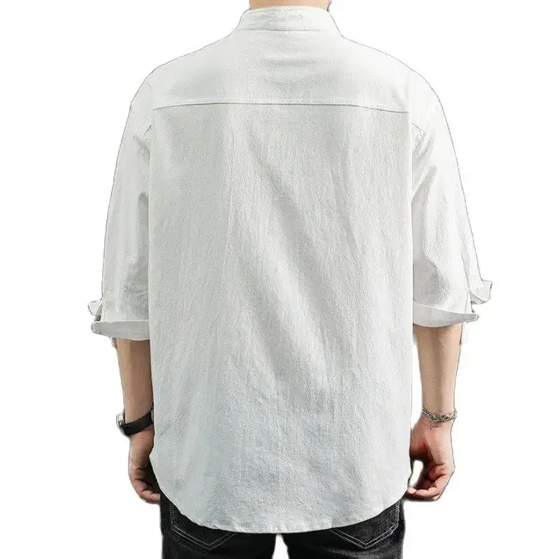 Solid Colors Long Sleeve Shirts Chinese Style Wear Stand Collar Loose 100% Cotton White Black Shirt Short Sleeve Shirt M-5Xl