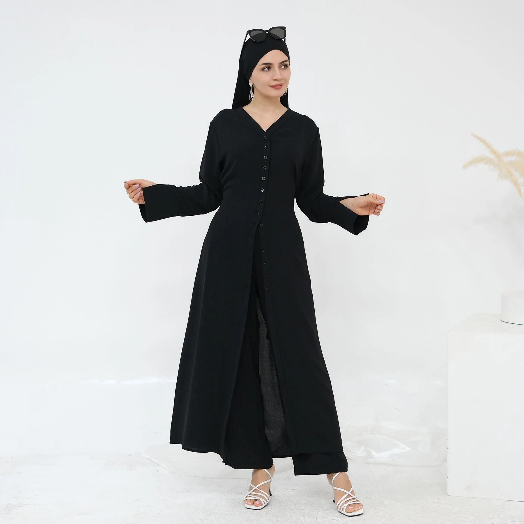 ใหม่มุสลิมชุดผู้หญิงปุ่มยาวเสื้อกางเกง 2 ชิ้นชุดตุรกี Kaftan ดูไบ Abaya Eid Ramadan อิสลามเสื้อผ้าชุด
