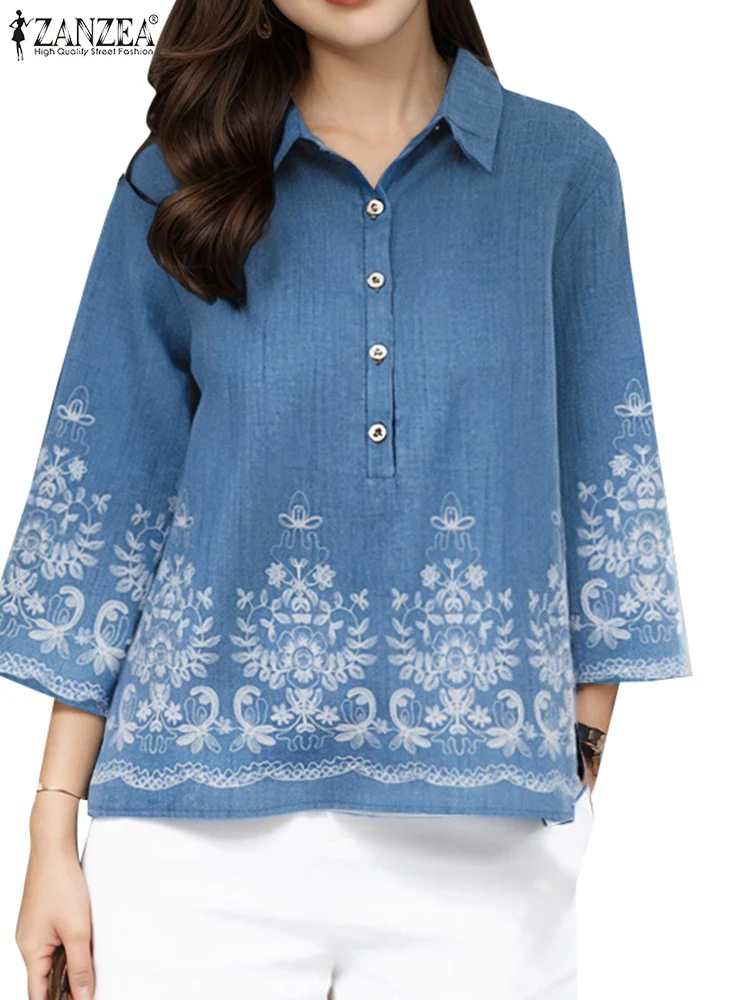 ZANZEA Bohemian Vintage Floral Print Bluse Frauen Casual Drehen-unten Kragen 3/4 Hülse Halb-Taste Blusas Mujer Urlaub lose Tops