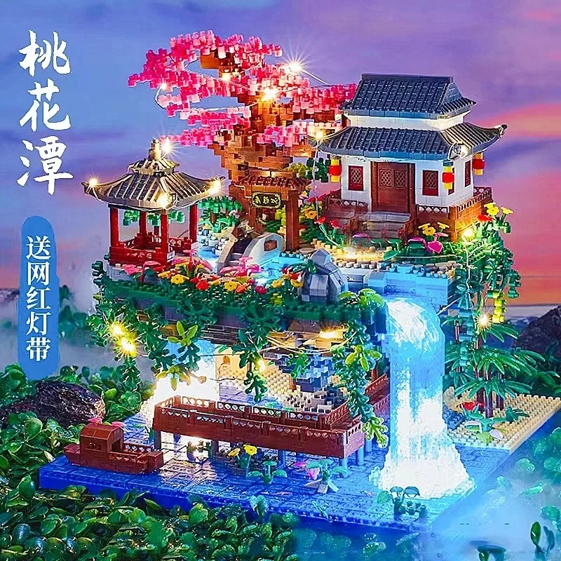 

Tree House Mini MOC Block Particle Peach Blossom Pool Traditional Light Up Chinese Architecture Building Blocks Kids Lifts toys