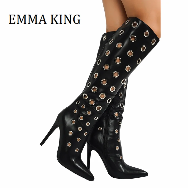 Women Eyelet-embellish Boots Sexy Pointed Toe Circle Hollow Out Over The Knee Boots Female Night Club Stilettos Long Boots 44