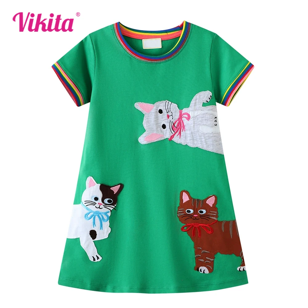

VIKITA Kids Summer Cotton Casual Clothes Girl Green Short Sleeve Straight Dress Toddlers Cat Cartoon Appliqued Daily School Wear