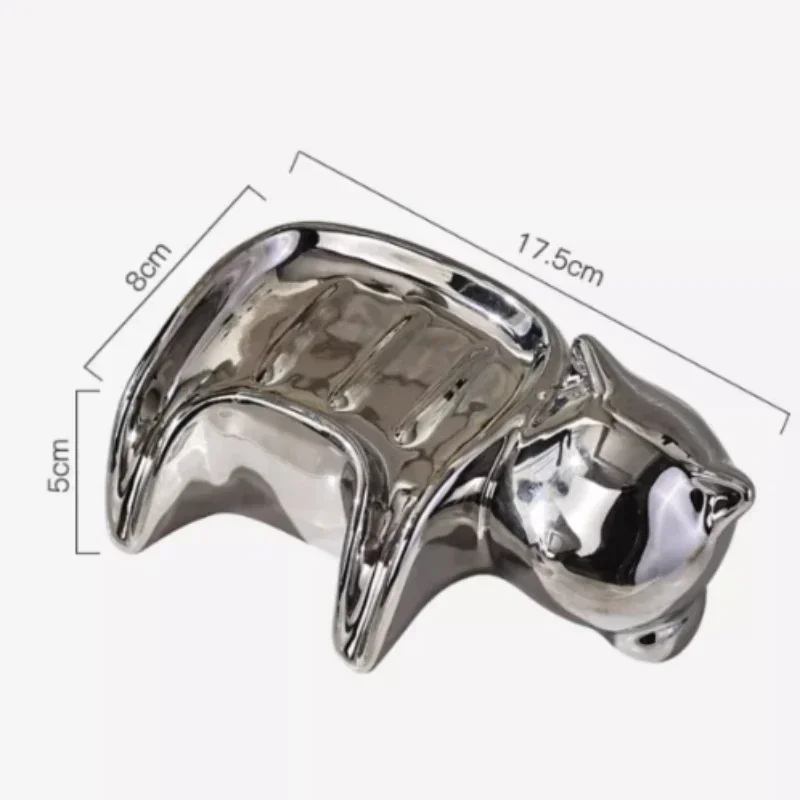 Electroplated Ceramic Soap Case Cute Cat Soap Holder Incline Design Storage Shelf Multihole Drain Soap Dishes