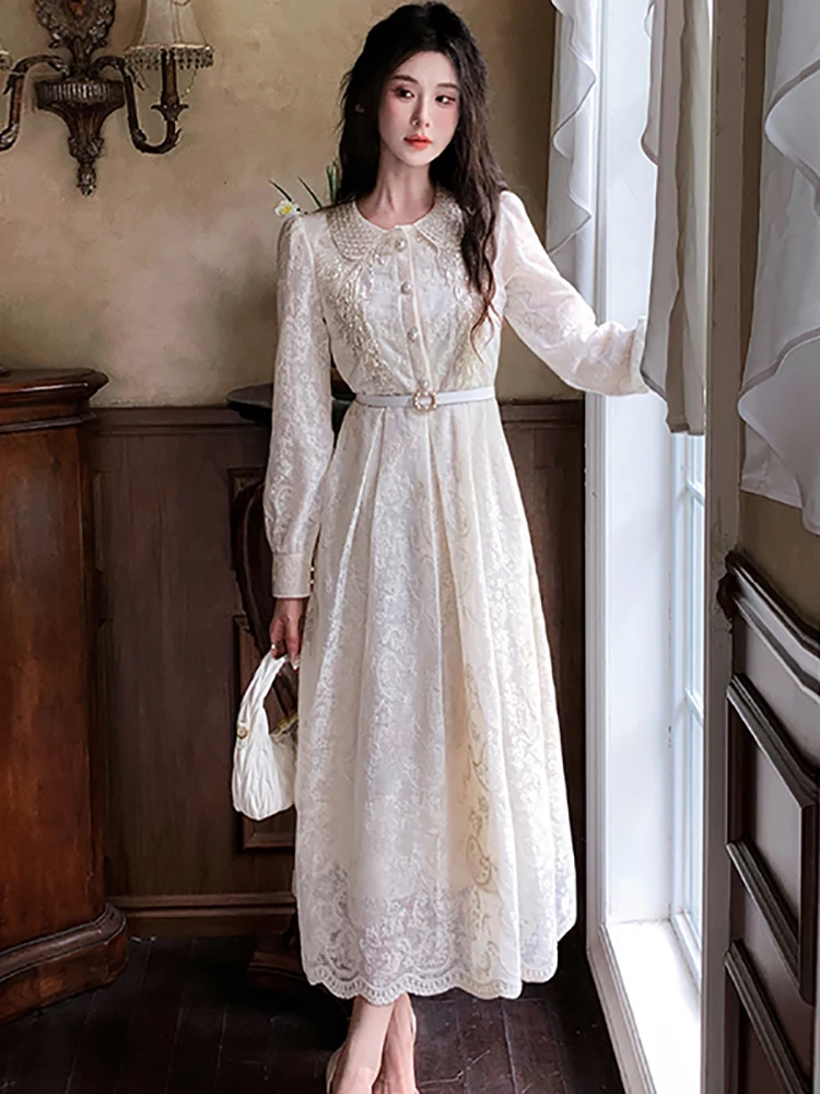 

Women Fashion Lace Embroidery Diamonds Luxury Long Dress Autumn Long Sleeve Polo Collar Dress 2025 Elegant Festival Party Dress