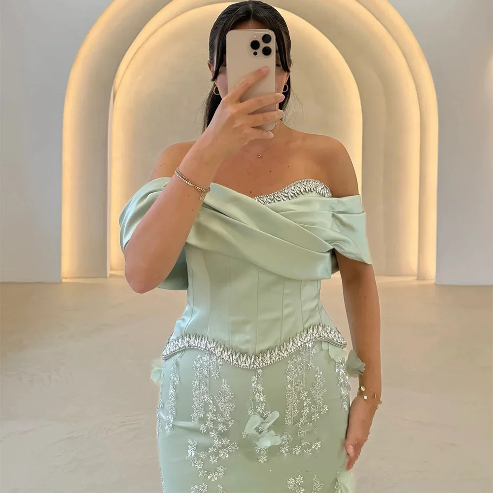 Abito da sera elegante a sirena con spalle scoperte, decalcomania 3D, abito da ballo con glitter in cristallo, abito da cerimonia nuziale personalizzato