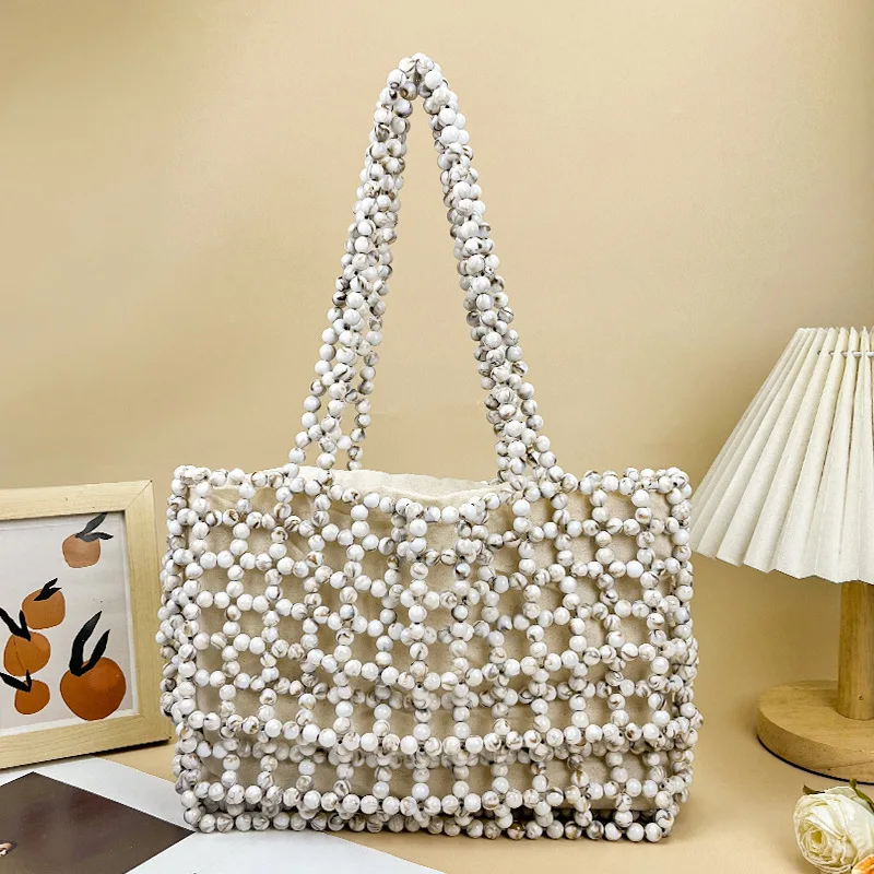 Handmade Fashion Banquet Bags Woven Clutch Purses For Women Hollow-out Wooden Bead Handbag With Inner Bag