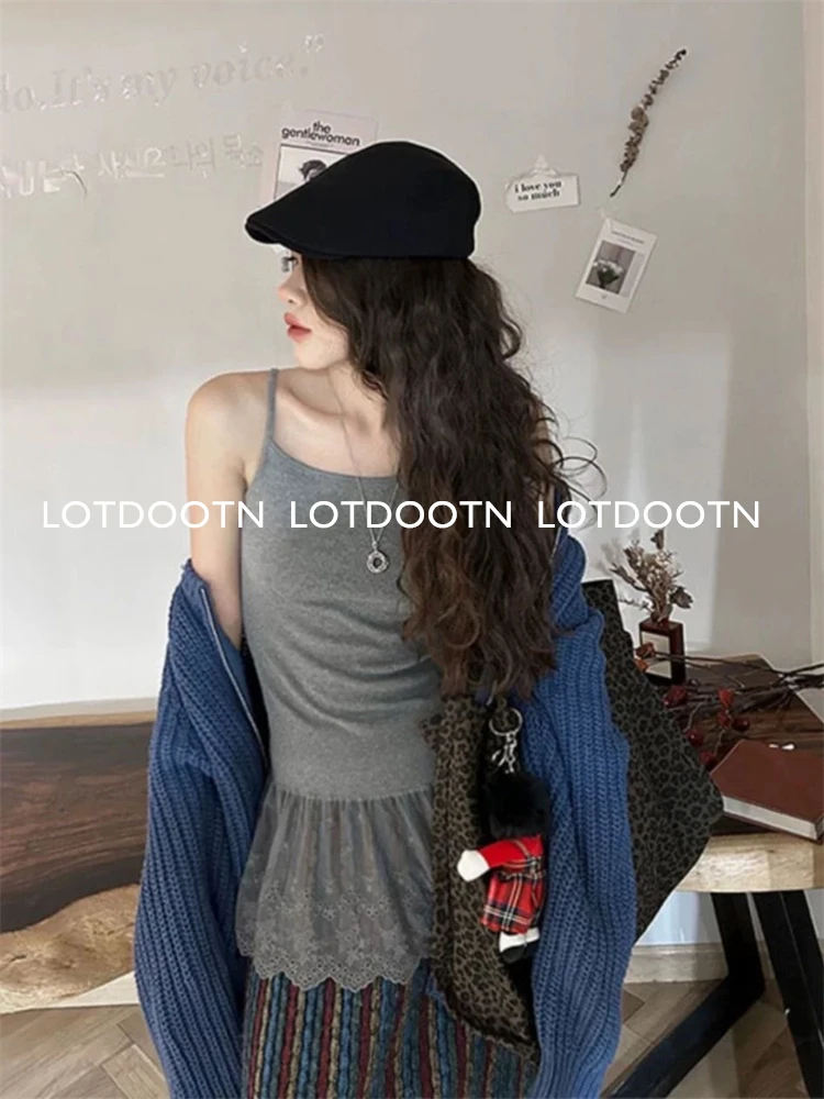 

LOTDOOTN Korean Hollow Lace Splicing Casual Camisole Women 2024 Autumn New High Street Backless Solid Color All Match Tops