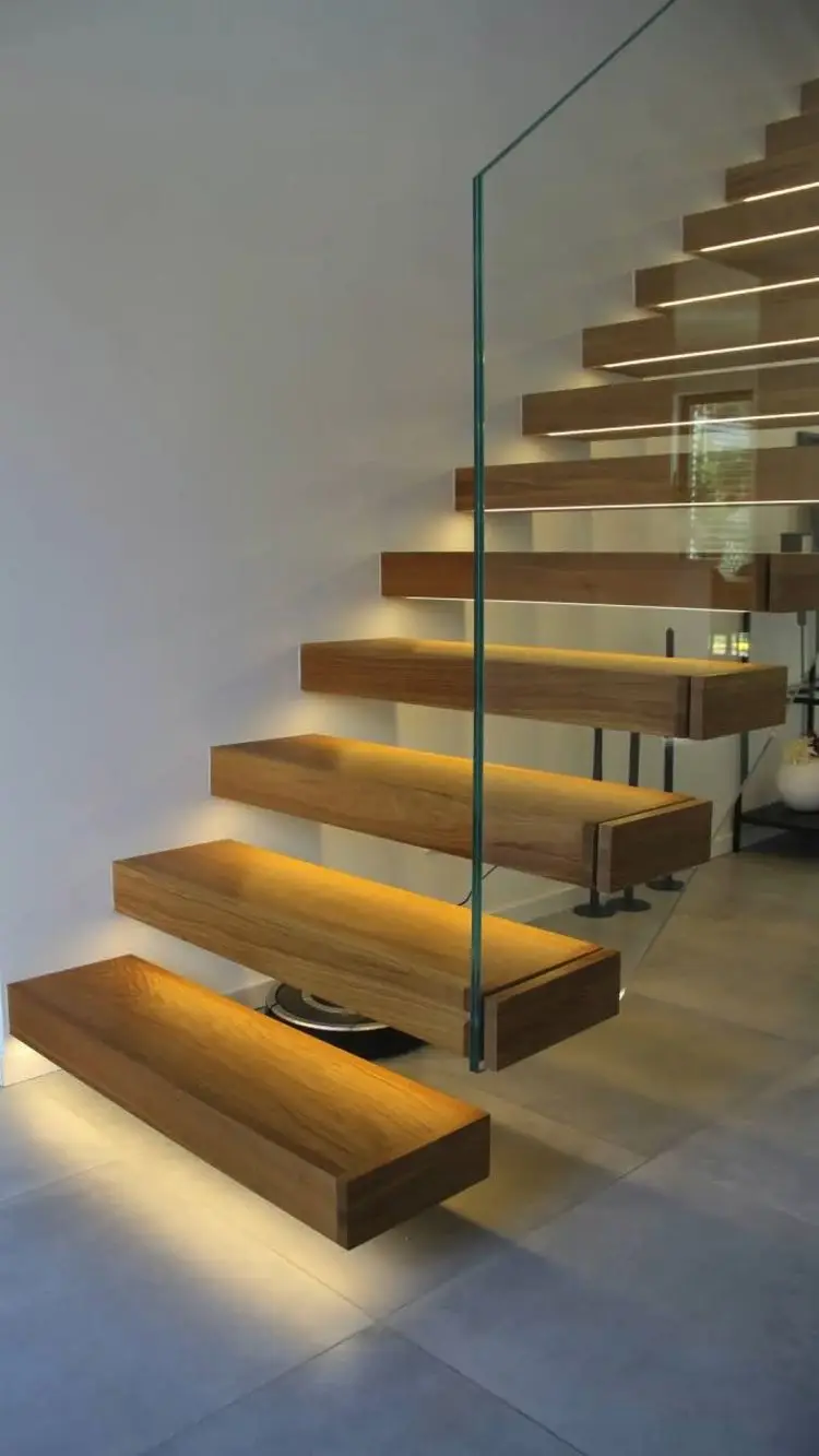 USA Oak Pedal Indoor Wood Straight  Vintage Customized Floating Staircase Steel Stairs Smart Led Light