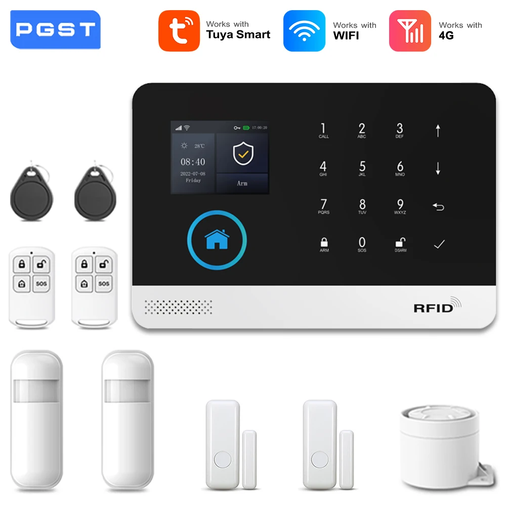PGST 103 2,4 inch scherm 4G 2G WIFI GSM Home Bulgar Beveiligingssysteem voor thuis 433 MHz APP Controle RFID-kaart met PIR Beweging