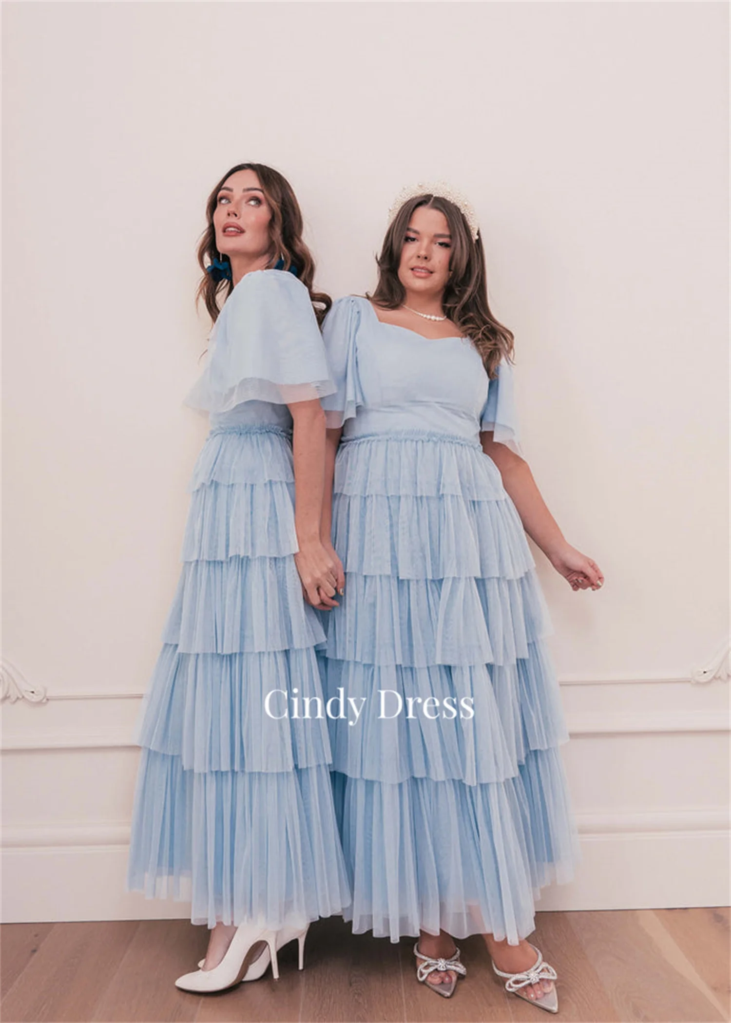 Cindy-Robes de soirée multicouches à manches bouffantes pour femmes, bleu ciel, grande taille, personnalisées, Sharon Happy, gala élégant, 2023