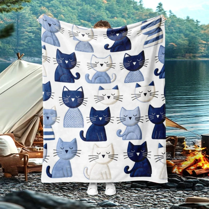 Blue Tone Patchwork Cat Full Print Throw Blanket,Soft Couch,Window Seat Layer,Birthday Anniversary Home Casual Comfort Gesture