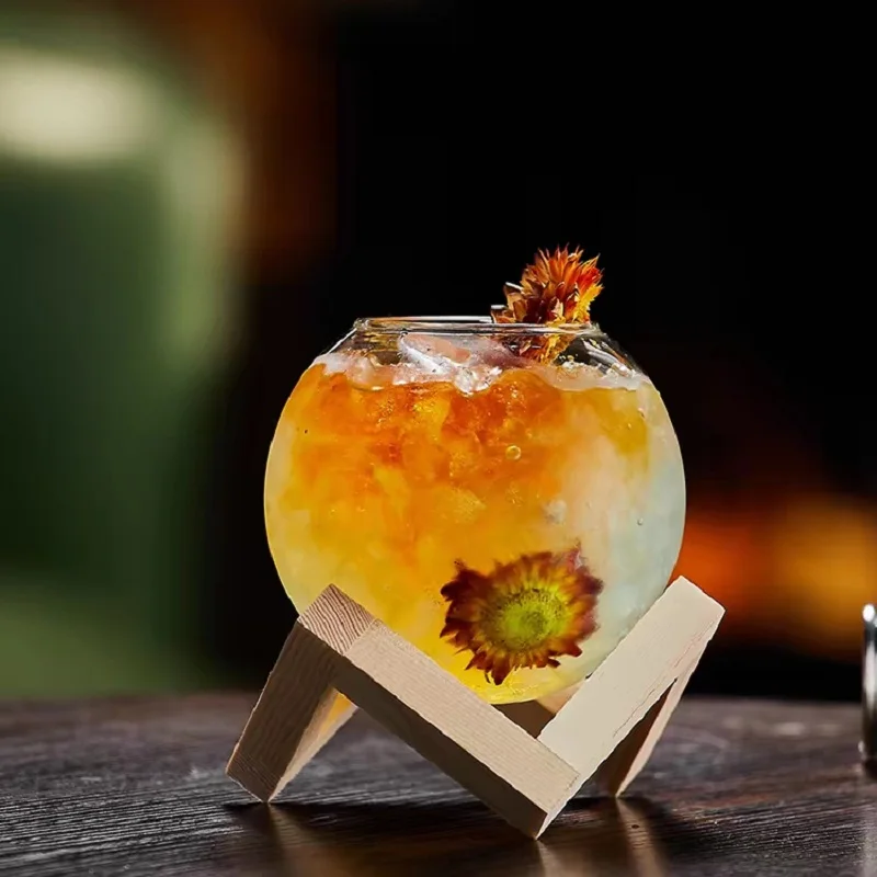 

480ml Spherical Cocktail Glass With Wood Stand Unique Shape Bar Glassware Drink Cup Round Ball Cocktail Cup Glass Cups