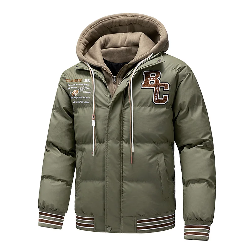 Fake Two-piece Padded Jackets Men Outdoor Windproof Thicken Baseball Jackets Fashion Hooded Parkas Winter Warm Streetwear Coats