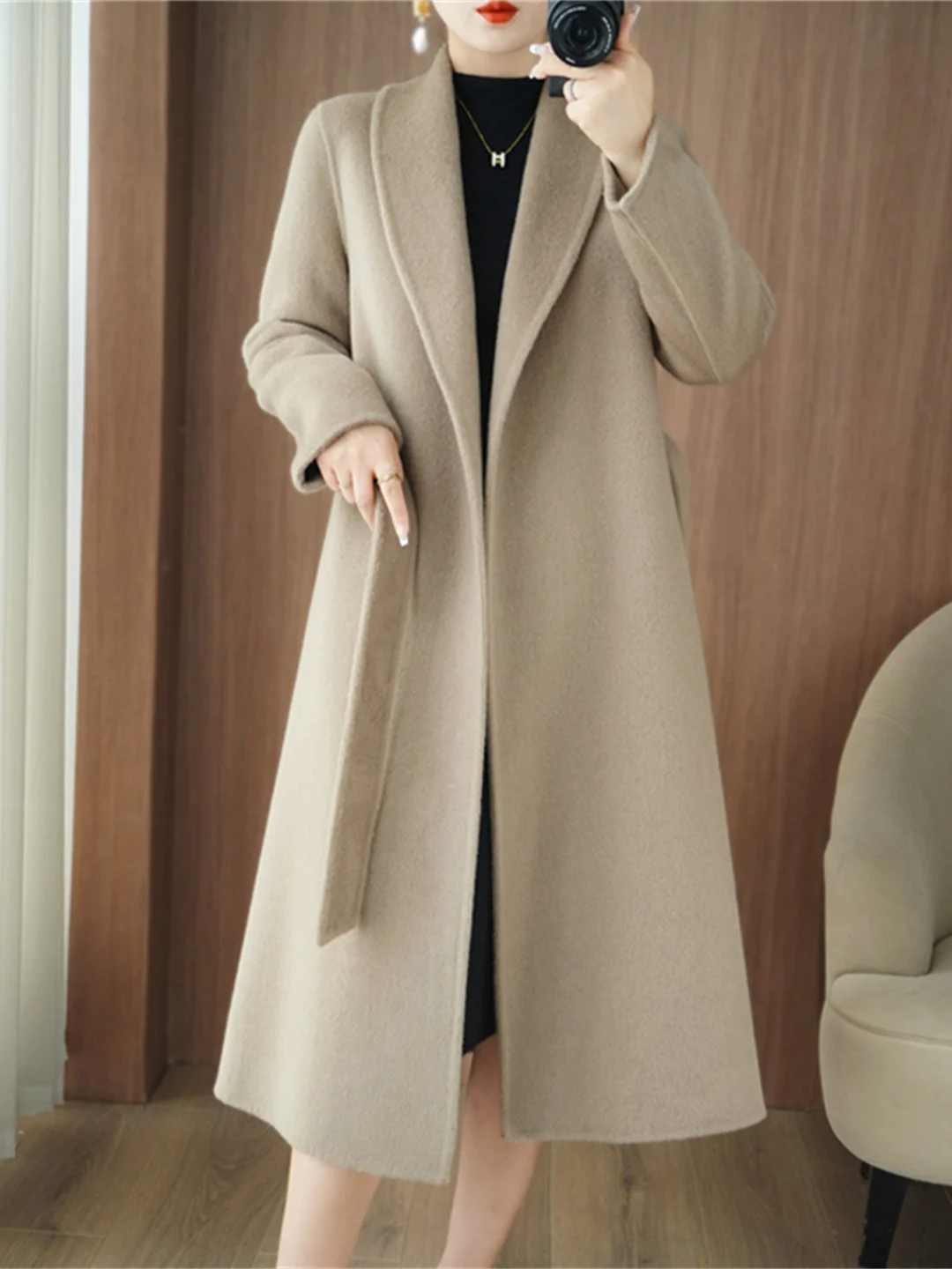 가을 겨울 양면 카메라 코트 여성용 중간 길이 울 100% 트위드 자켓 벨트 포함 다용도 슬리 한국 스타일