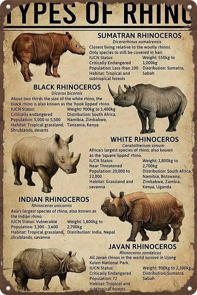 Youpinnong Vintage Aluminum Metal Signs Types of Rhinoceros Retro Poster Wall Art Tin Sign for Home Garage Man Cave Club Bar Bat