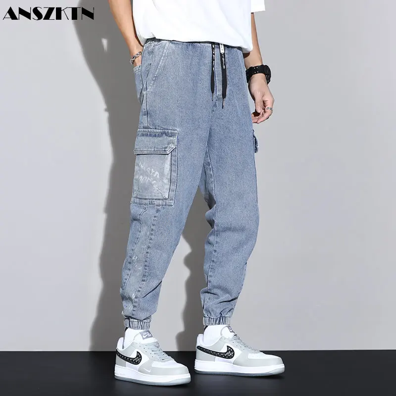 

ANSZKTN Men loose autumn spring fashion versatile casual Harlan Plus size men's denim jogging trousers Jean cargo pants