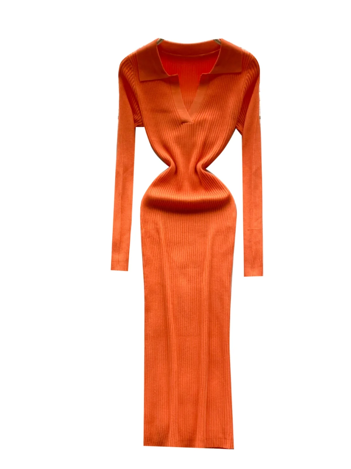 Retro Sweter z Kołnierzykiem, Długi, Wyszczuplający, Dzianinowy, Dopasowany do Sylwetki, Spódnica z Wysokim Stanem, Damska, Jesienno-Zimowa, Moda Koreańska, Elegancki