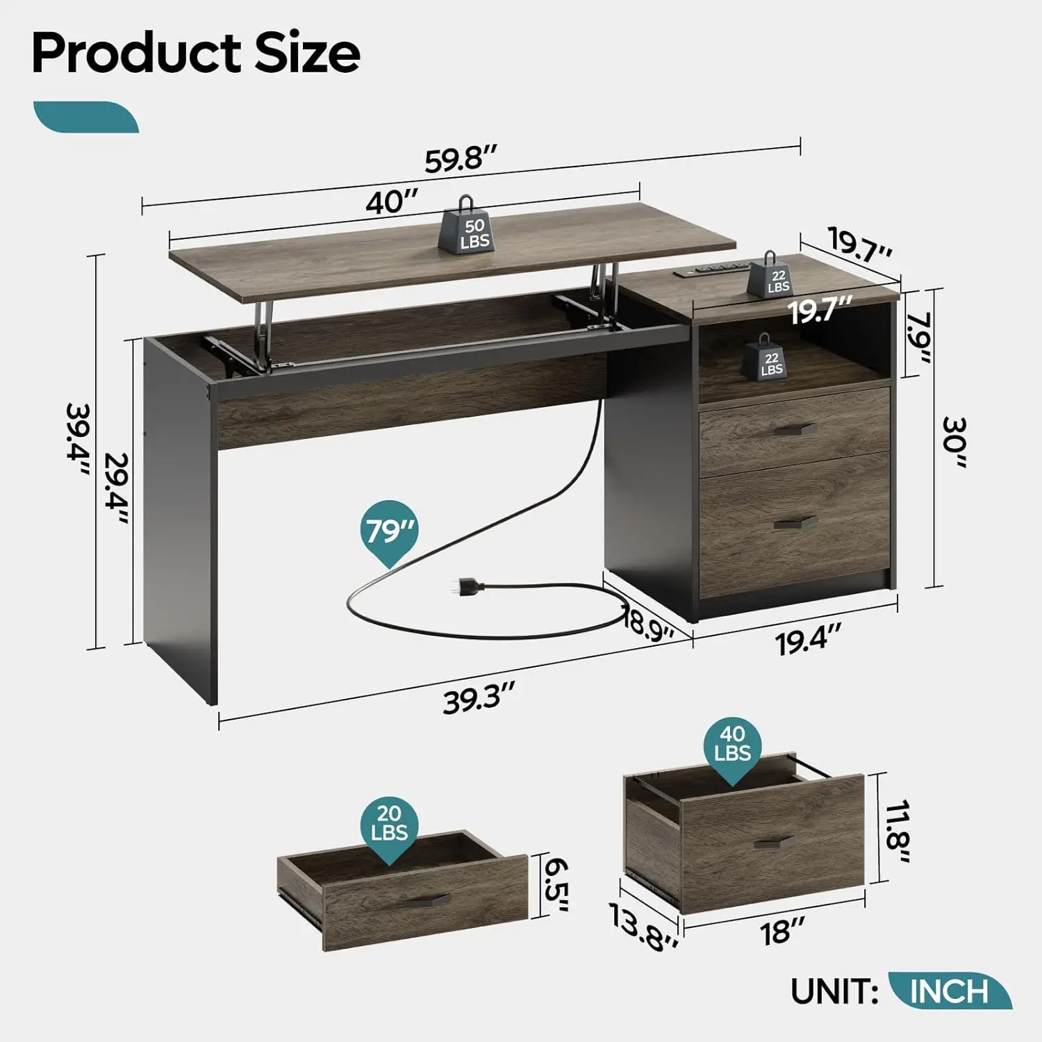 Bestier 60 inch Home Office Desk with Power Outlets, Computer Desk with Drawers, Reversible Desk with File Drawer, Adjustable He