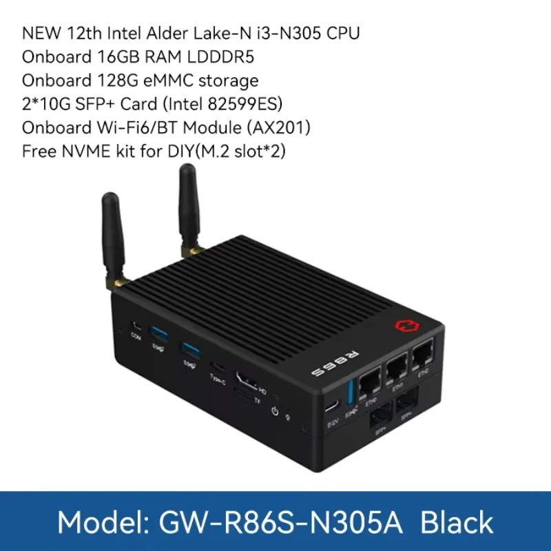 Gowin R86S-N100A Router firewall Mini PC tutto in uno con IntelN100/N305 16 GB 32 GB Ram 2 * 10G SFP + 3 * 2,5 GbE Apparecchio Pfsense