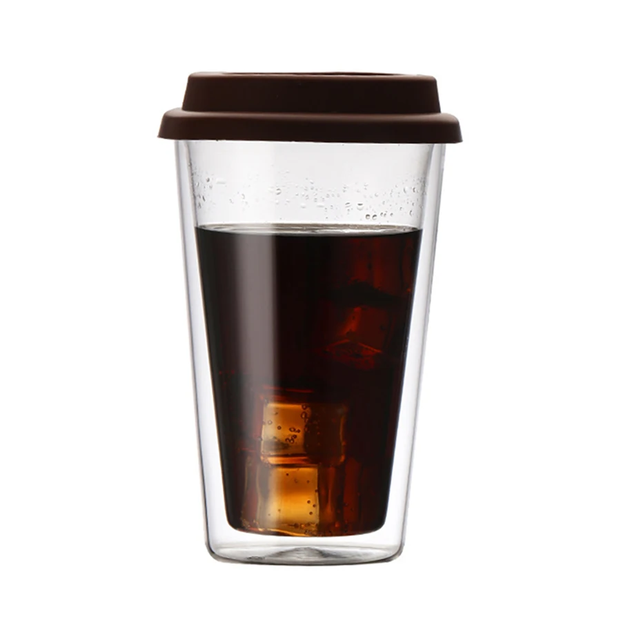 Tazas de café de vidrio de doble pared con tapas de silicona, tazas de café de vidrio reutilizables de 350ml/12oz, taza de bebida fría/caliente aislada