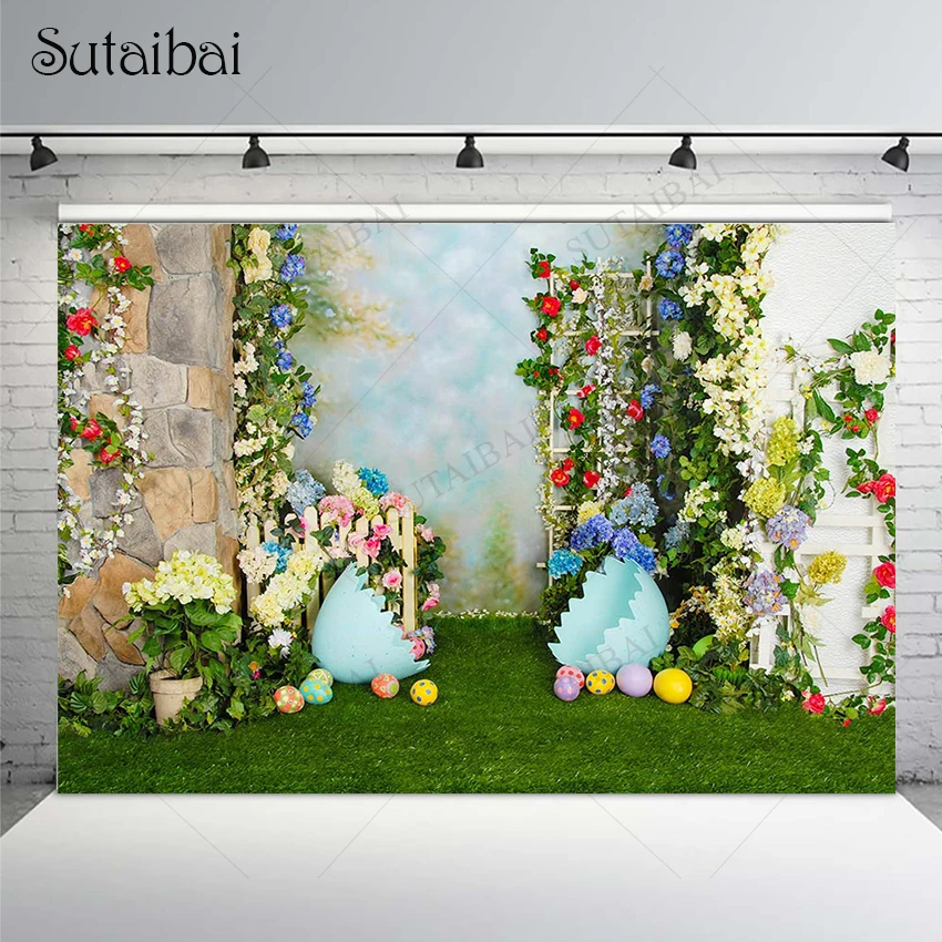 

Easter Backdrops for Photography Green Meadow Brick Wall Flowers Eggs Decoration Children Baby Portrait Party Photo Studio Props