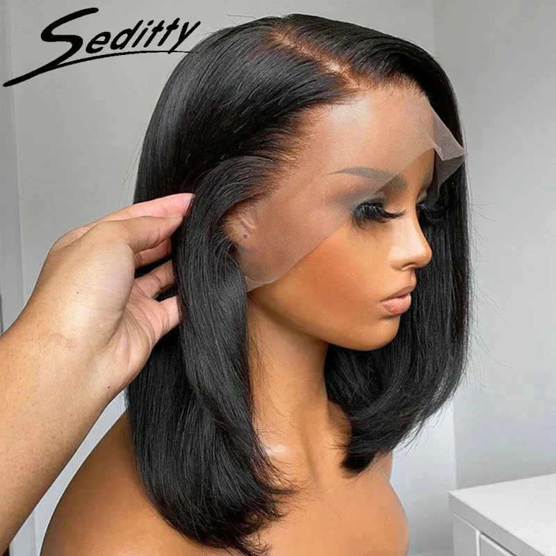 

13x4 Bone Straight Lace Frontal Bob Wig 200% Density Brazilian Remy Pre Plucked Human Hair Wigs 4x4 Short Bob Wig For Women #1B