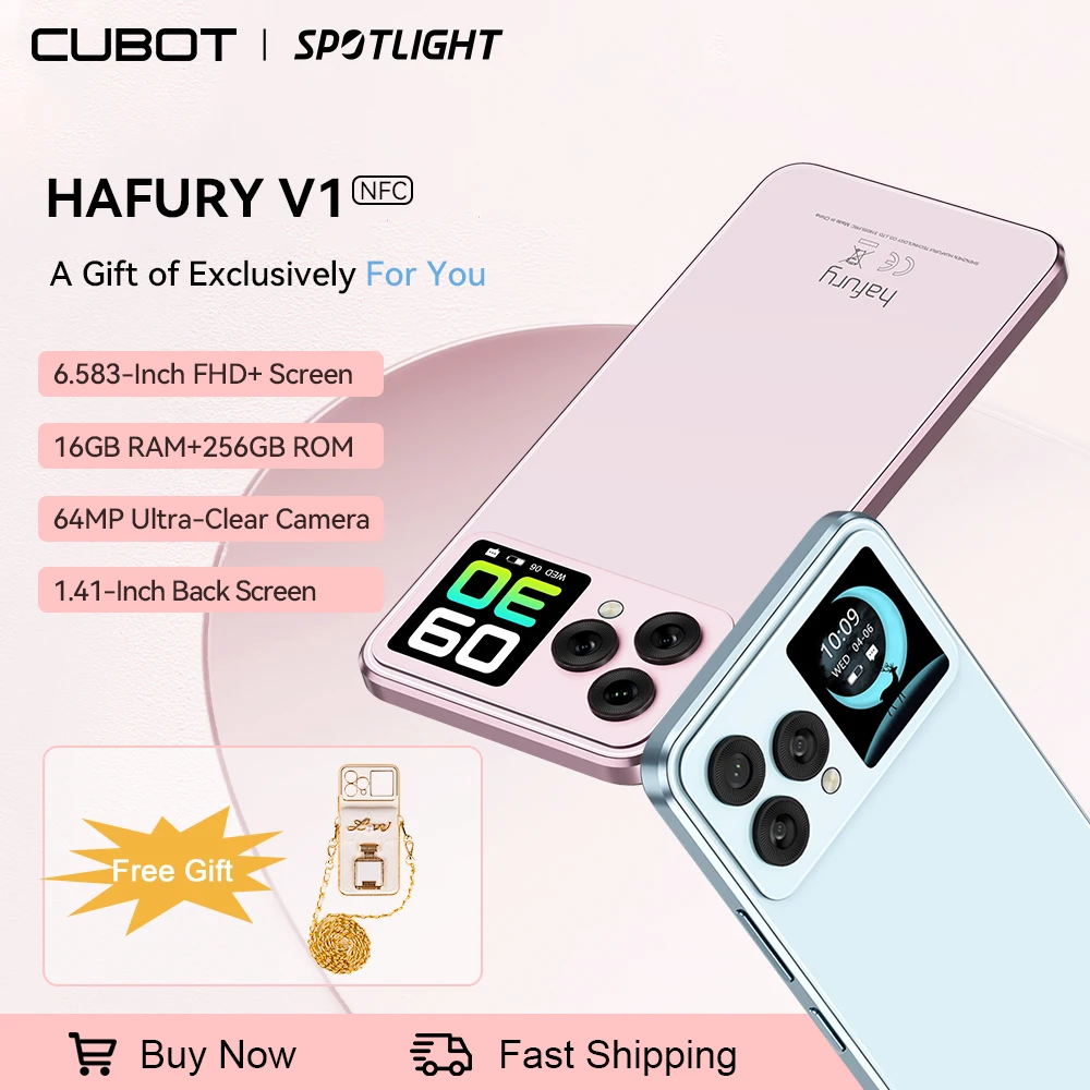 Cubot Hafury V1, Smartphone Android, Octa-core, 16GB RAM(8GB+8GB ampliado), 256GB ROM, Pantalla dual, Cámara de 64MP, Cámara Selfie de 32MP, NFC, Versión global, moviles baratos 2024, 4G movil, OTG,moviles baratos 2024