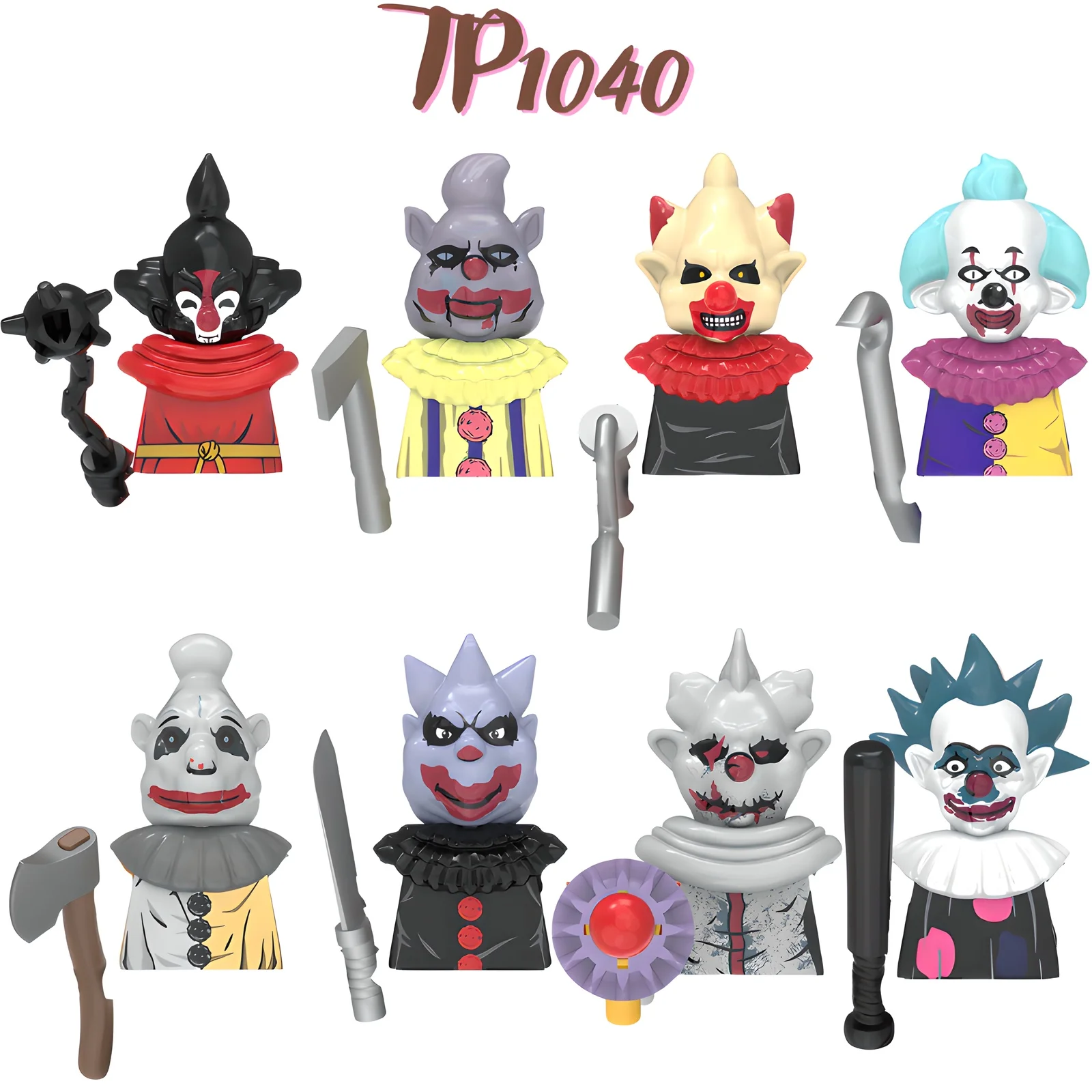 Figurines de blocs de construction Killer Klowns de troisième partie TP1040, 8 styles uniques avec des tenues distinctives, parfaites pour les collectionneurs