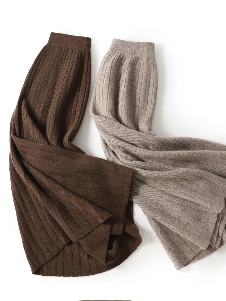 Women’s Wool Pleated Skirts Loose Thick A-Line High Waist Skirt Cashmere Autumn Winter 100% Merino Wool Knitted Texture Dress