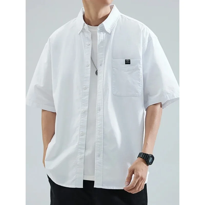 Summer Casual Men's Short Sleeved Classic Solid Color Pocket Breathable Cotton Shirt Men's Street Wear Loose Fitting Shirt