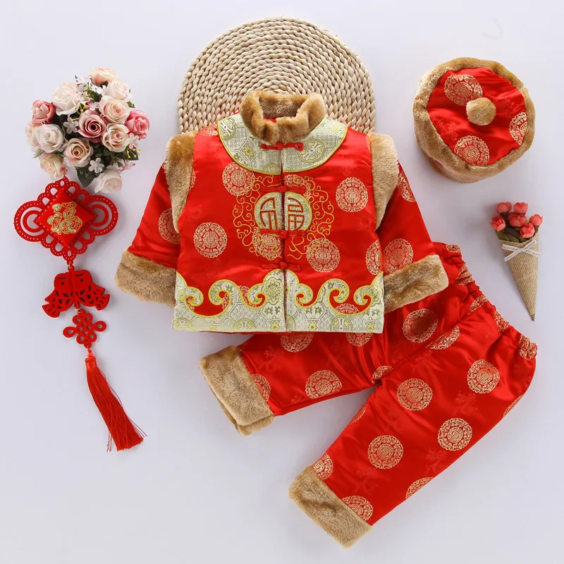 Winter Children's Hanfu Cotton Fur Collar Tang Suit Thick Hanfu Girl Baby Boys Chinese Style New Year Jacket Pants Hat Clothes