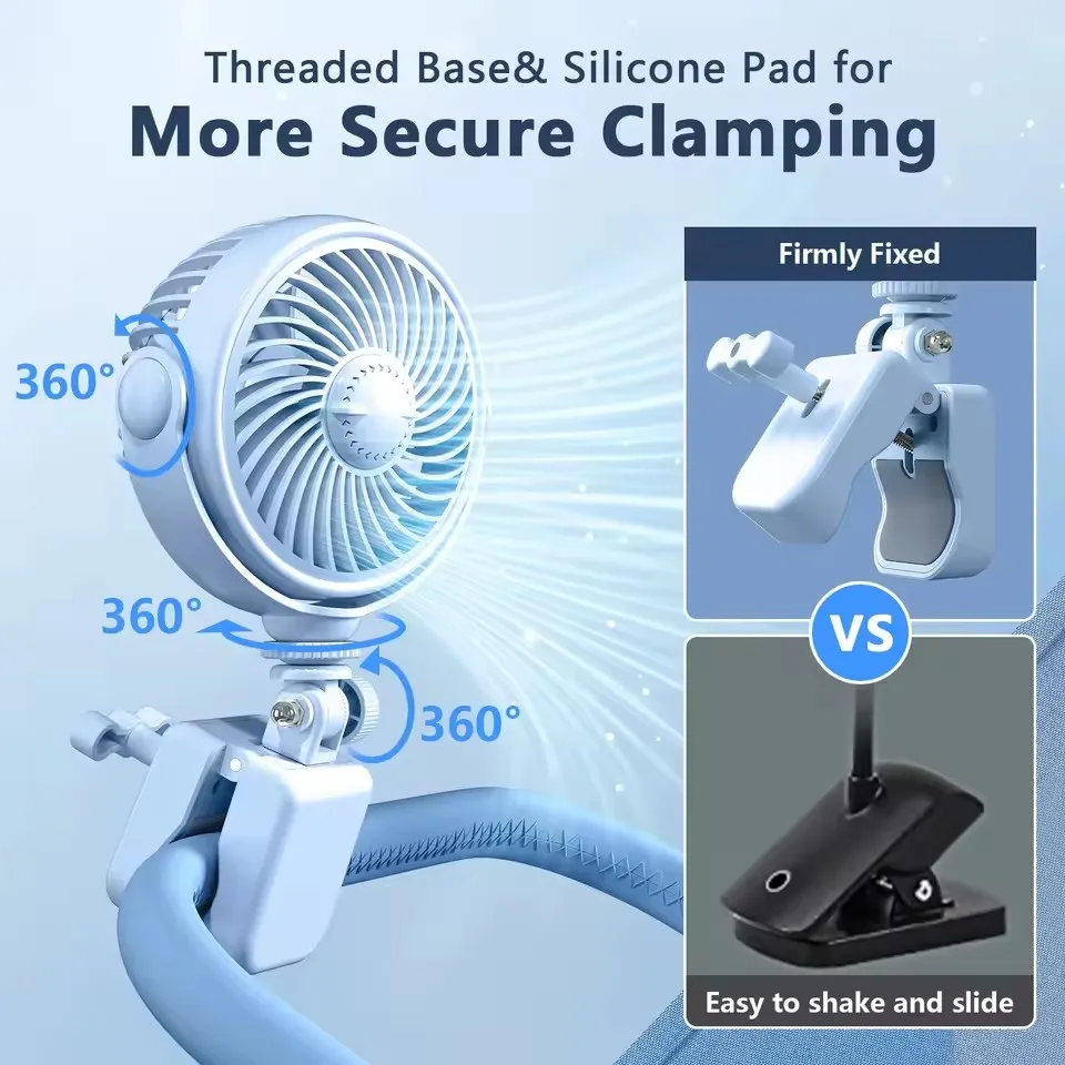 Portable Car Clip on Fan Handheld Baby Stroller Fan Summer Cooler Clamp 4 Speed Wind 2000mAh Rechargeable Baby Cart Fan